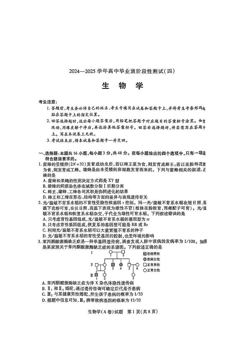 河南天一大联考2024-2025学年高三上学期12月毕业班阶段性测试(四)生物试题第1页