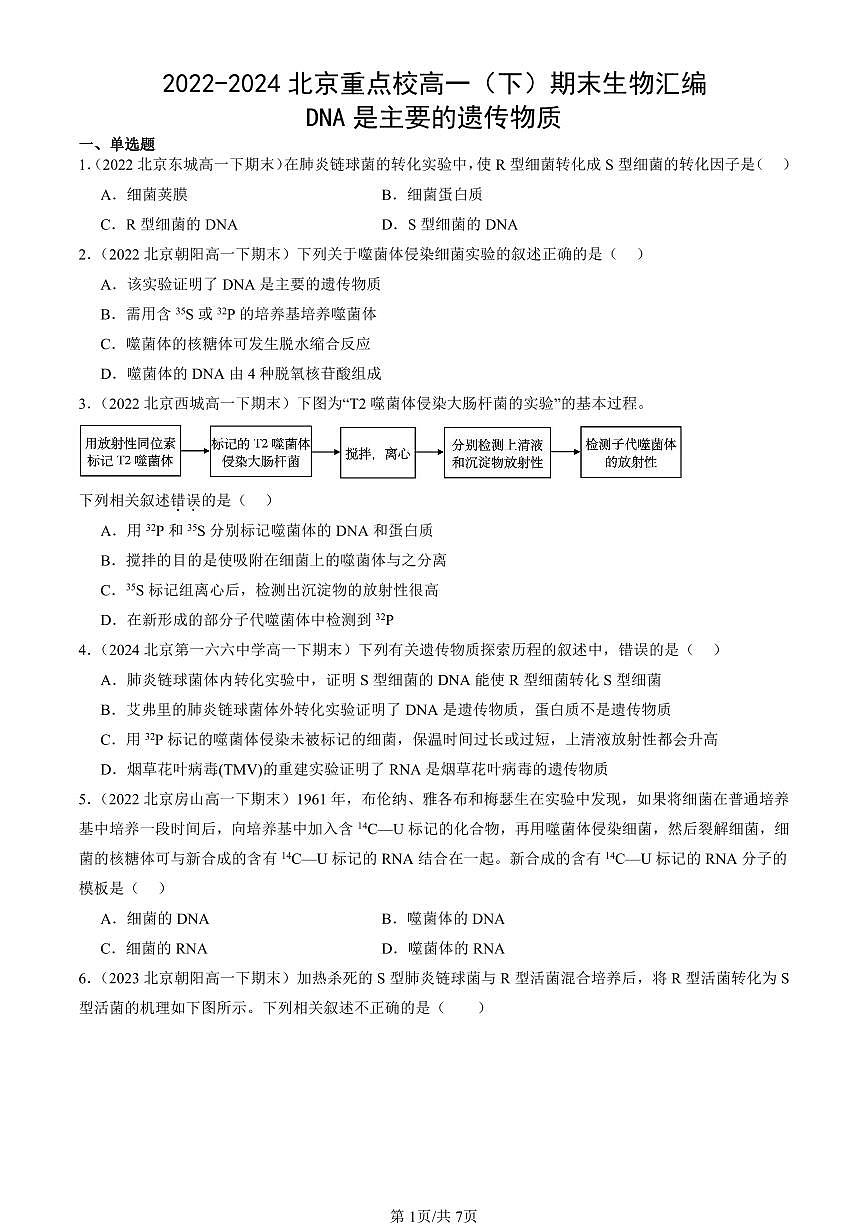 2022-2024北京重點(diǎn)校高一(下)期末真題生物匯編:DNA是主要的遺傳物質(zhì)第1頁(yè)