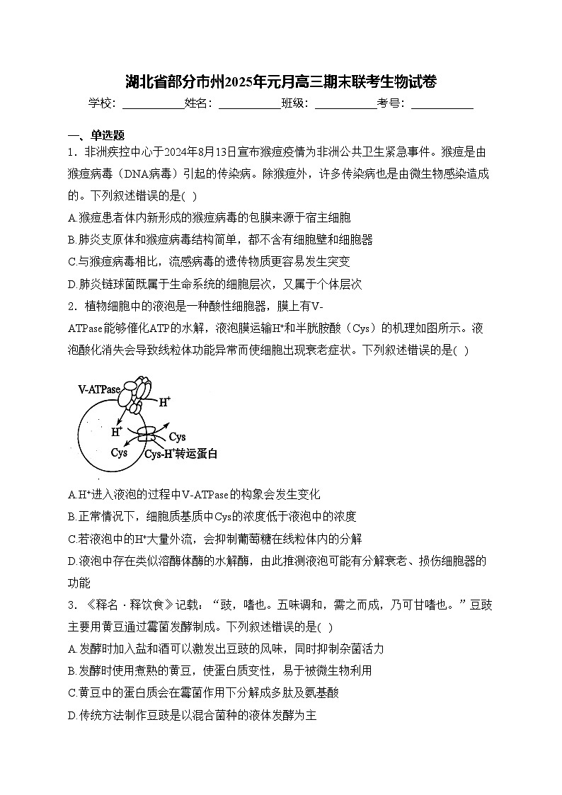 湖北省部分市州2025年元月高三期末联考生物试卷(含答案)第1页