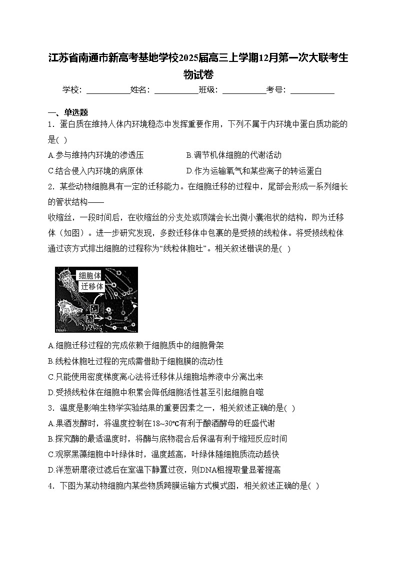 江苏省南通市新高考基地学校2025届高三上学期12月第一次大联考生物试卷(含答案)第1页
