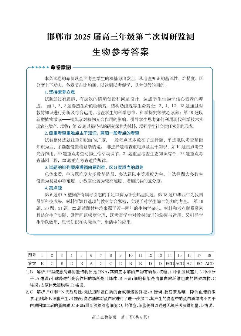 河北省邯郸市2025届高三第二次调研生物试卷答案第1页