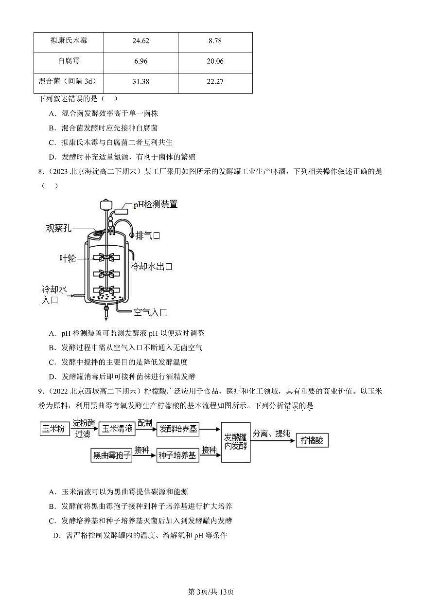 2022-2024北京重點校高二（下）期末真題生物匯編：發(fā)酵工程及其應(yīng)用第3頁