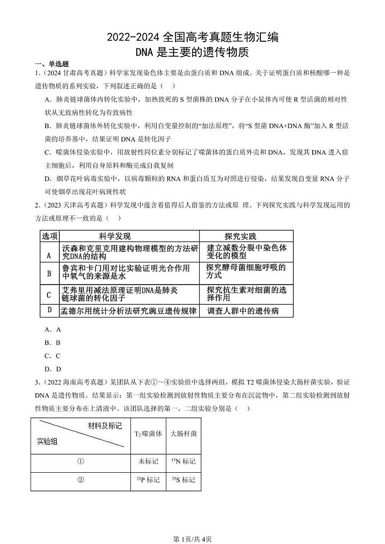 2022-2024全国高考真题生物汇编:DNA是主要的遗传物质第1页
