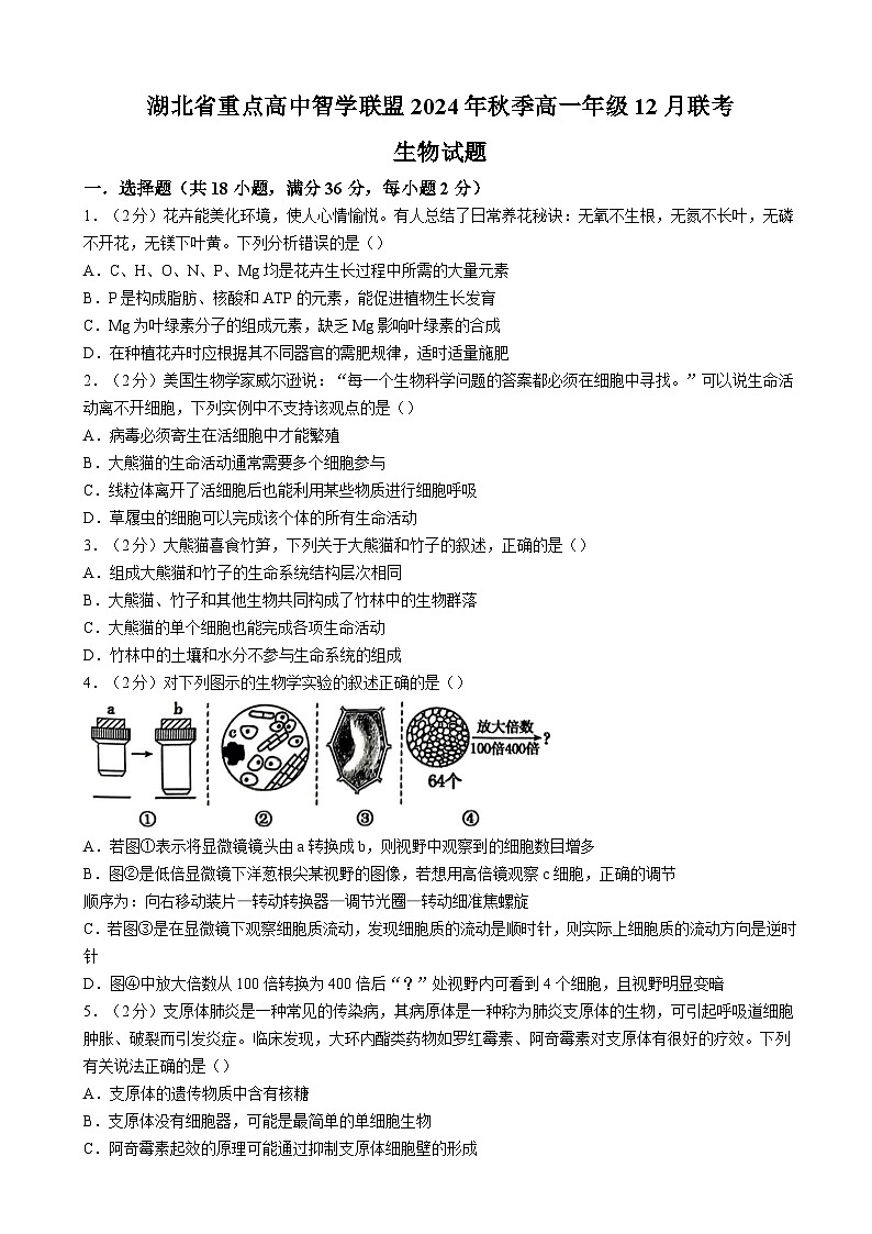 湖北省重点高中智学联盟2024-2025学年高一上学期12月月考生物试题(含答案)第1页