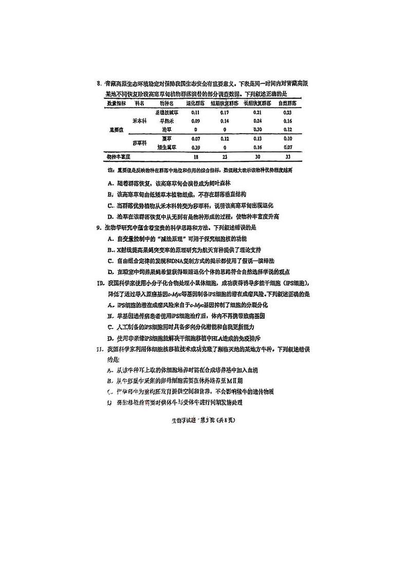 2025届高三八省联考生物试题第3页