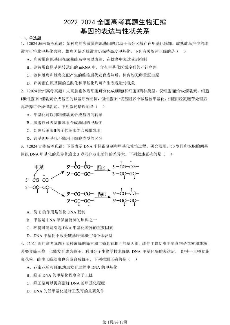 2022-2024全国高考真题生物汇编:基因的表达与性状关系第1页