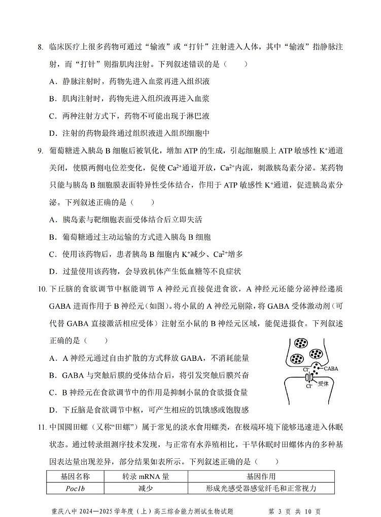 重庆市第八中学2025届高三上学期1月期末综合能力测试-生物试题+答案第3页