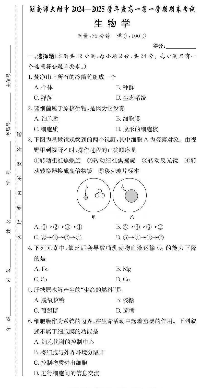 生物-湖南师大附中2024-2025学年高一上学期期末考试试题第1页