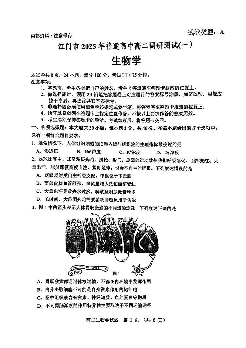 广东省江门市2024-2025学年高二上学期1月期末生物试题第1页