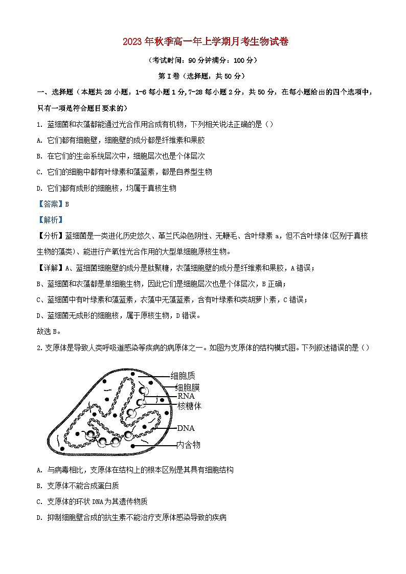 福建省泉州市泉港区2023_2024学年高一生物上学期12月月考试题含解析第1页