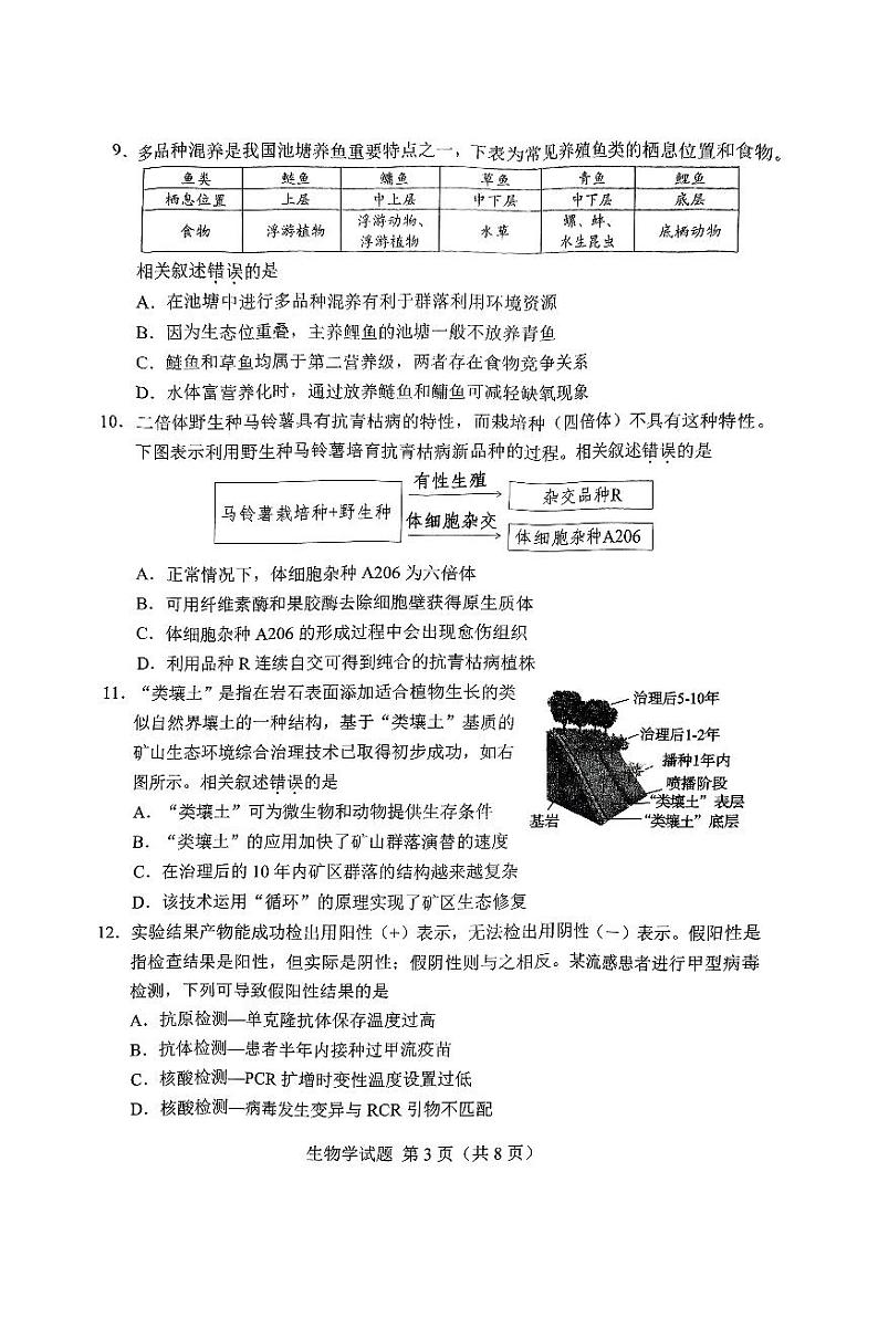 2025届湖南省长沙市高三上学期新高考适应性考试 生物试题(原卷)第3页
