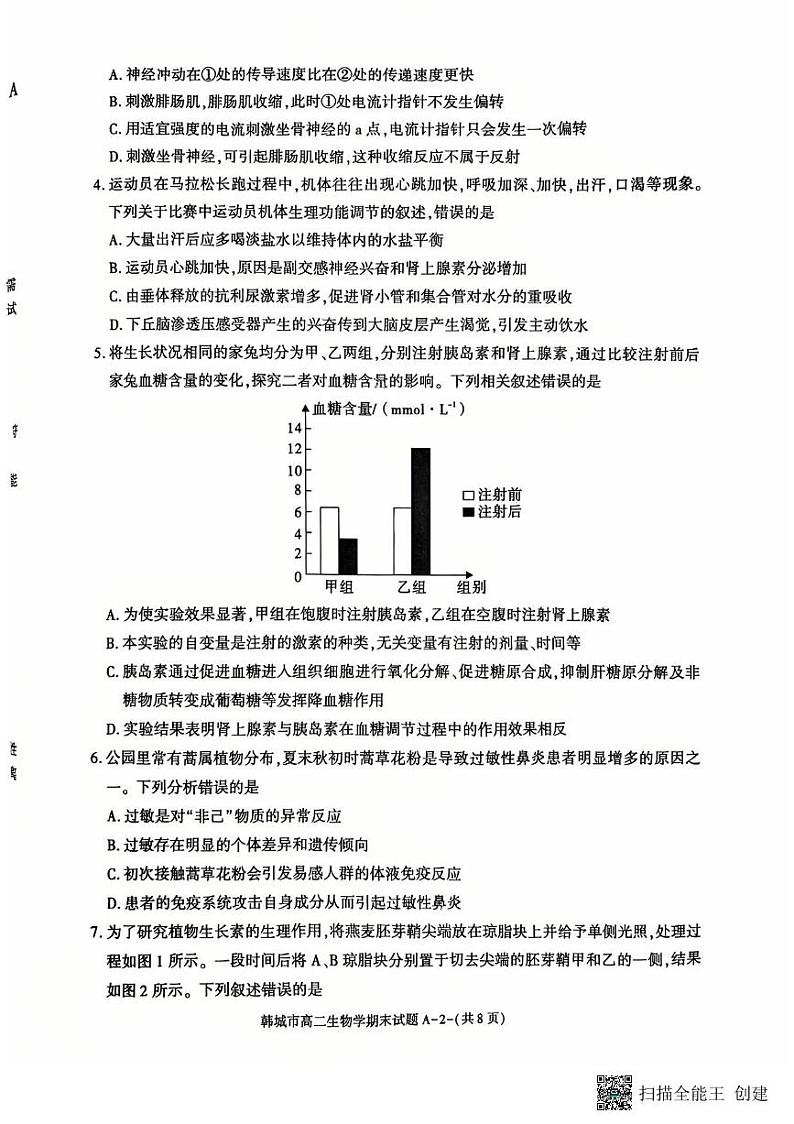 2024-2025年度陕西省韩城市第一学期高二生物期末试题(含答案)第2页