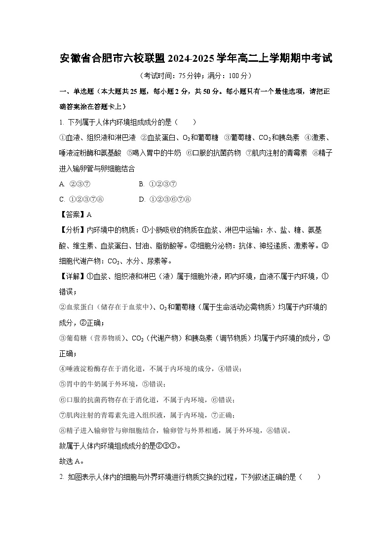 2024~2025学年安徽省合肥市六校联盟高二上学期期中考试生物试卷（解析版）