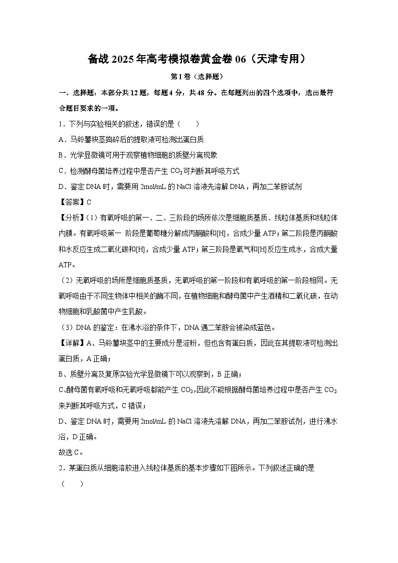 备战2025年高考模拟卷黄金卷06(天津专用)生物试卷(解析版)第1页
