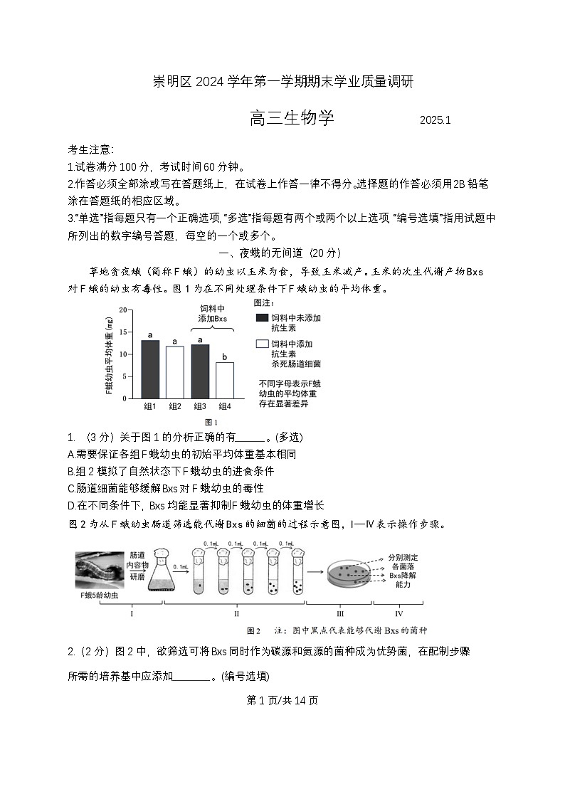 上海市崇明区2024-2025学业质量调研高三生物试卷及答案(崇明区一模)第1页