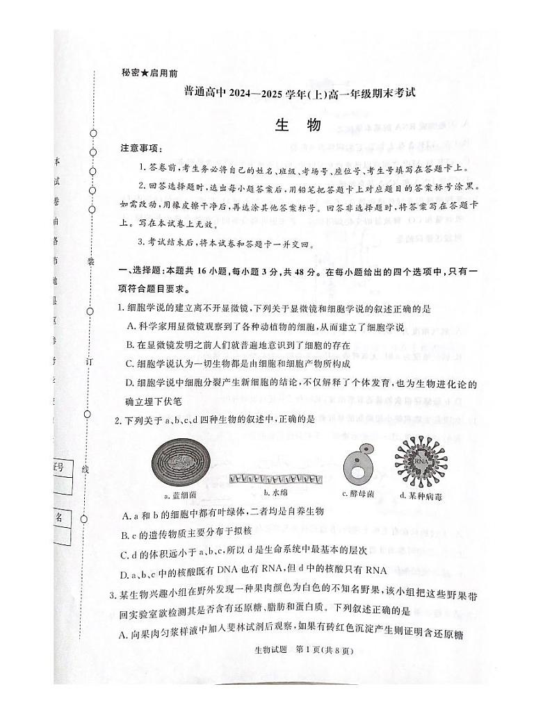 生物-河南省青桐鸣2024-2025学年高一上学期期末试题第1页