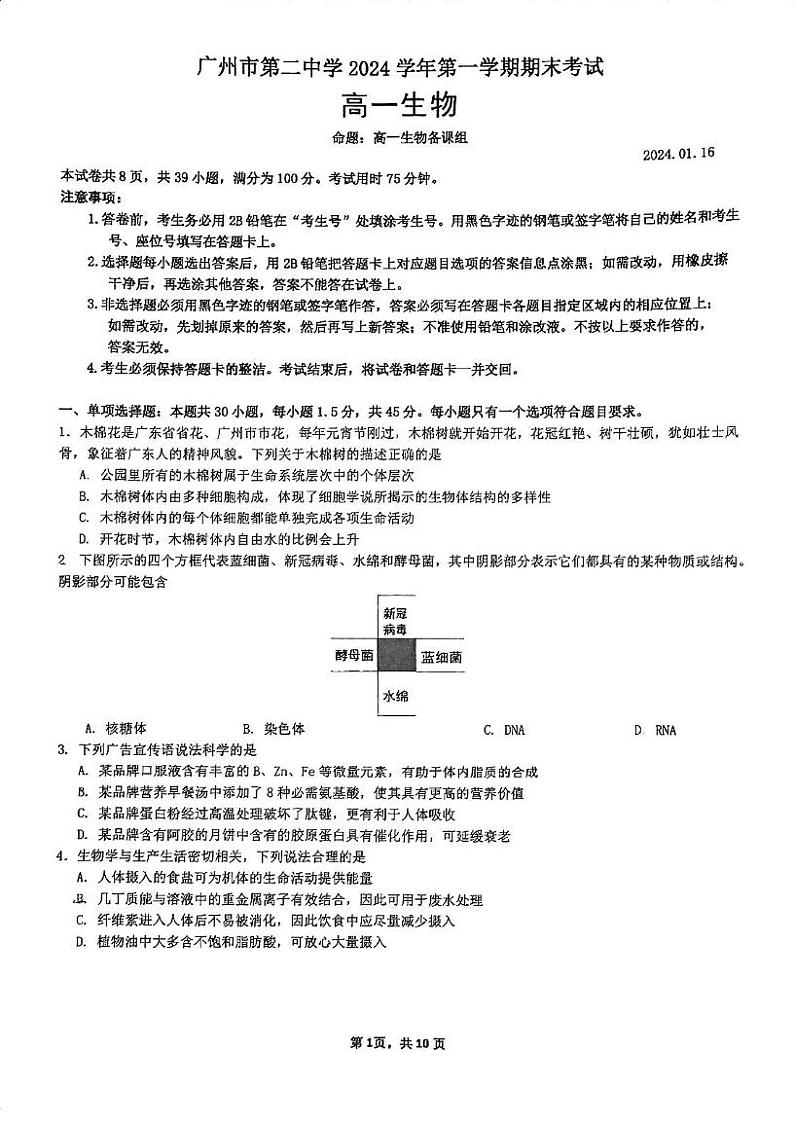 广东省广州市第二中学2024-2025学年高一上学期期末生物试卷第1页