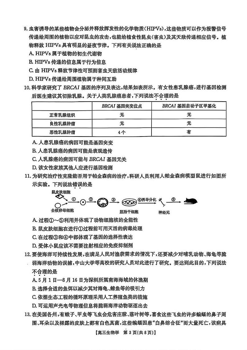 广东省深圳市宝安区2024-2025学年高三上学期期末考试生物试卷第3页
