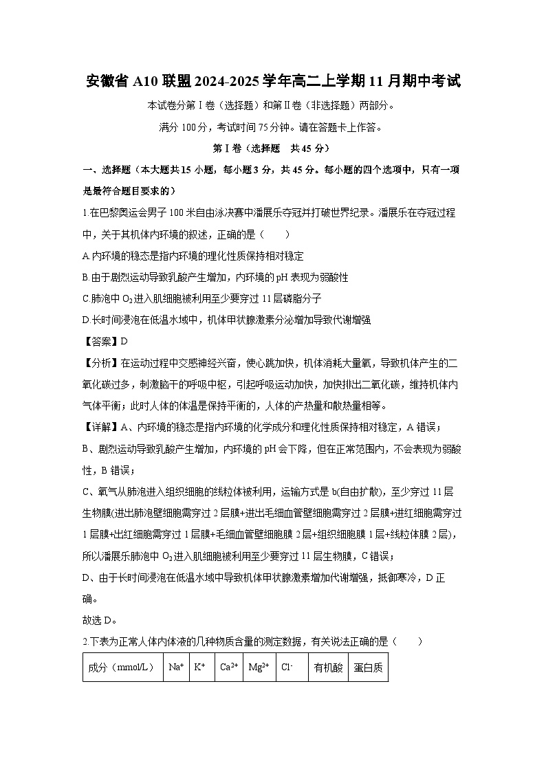 2024-2025学年安徽省A10联盟高二上学期11月期中考试生物试卷（解析版）