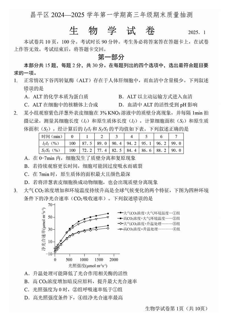 北京市昌平区2024-2025学年第一学期高三期末质量抽测生物试题及答案第1页