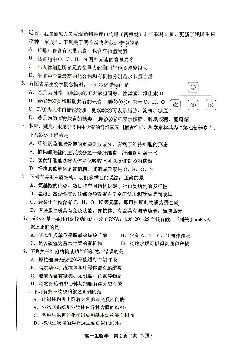 2025北京丰台高一(上)期末生物试卷和参考答案第2页