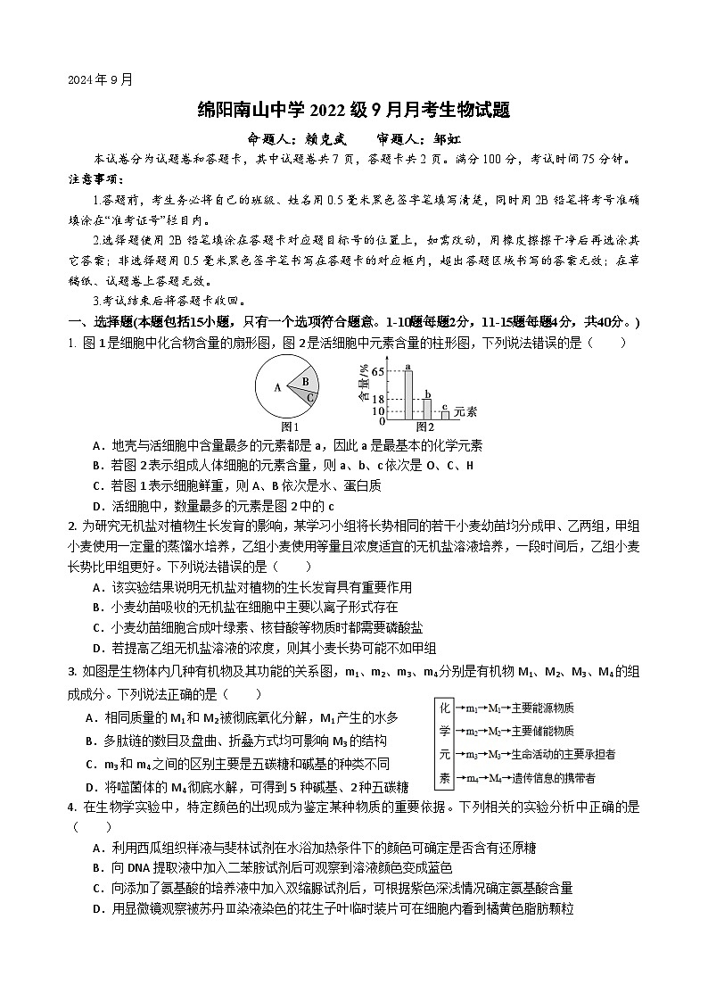 2025届四川省绵阳市南山中学高三9月考-生物第1页