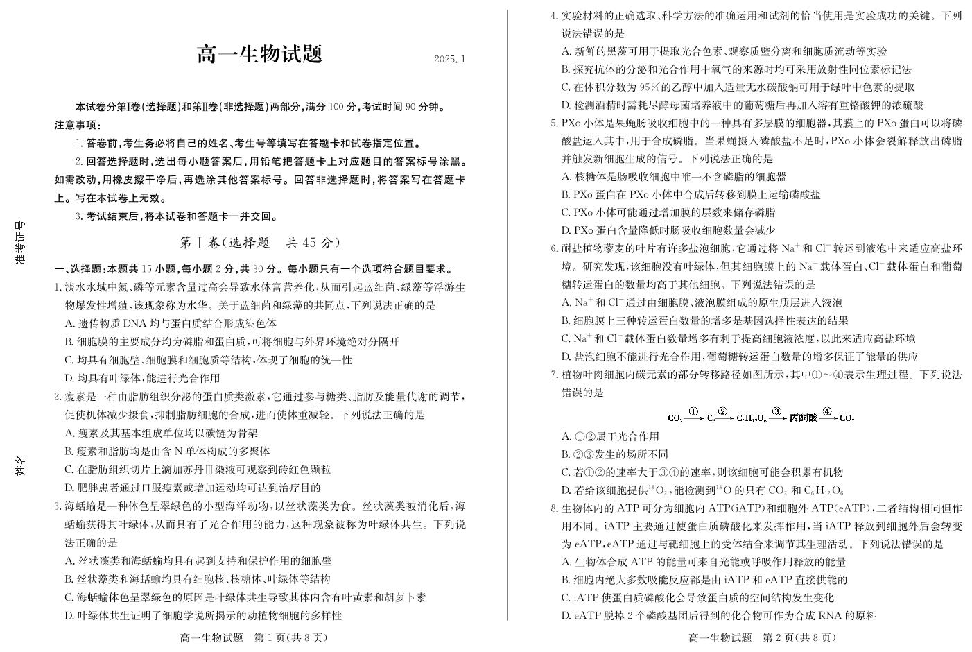 山东省德州市2024-2025学年高一上学期1月联考试题 生物 PDF版含答案