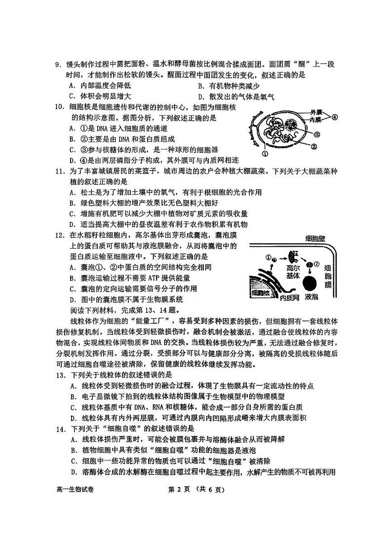 浙江省衢州市2024-2025学年高一上学期期末教学质量检测生物试卷第2页
