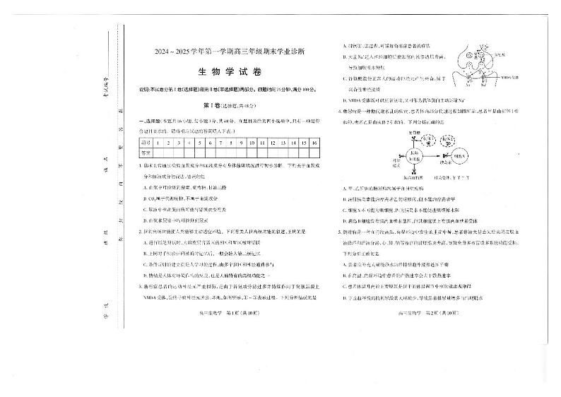 山西省太原市2024-2025学年高三上学期期末学业诊断试题 生物 PDF版含答案第1页