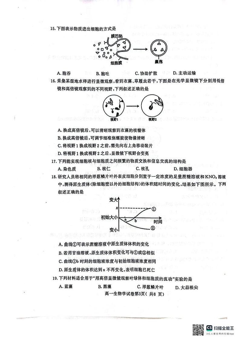 江苏省南京市2024-2025学年高一上学期1月期末学情调研测试生物试题第3页