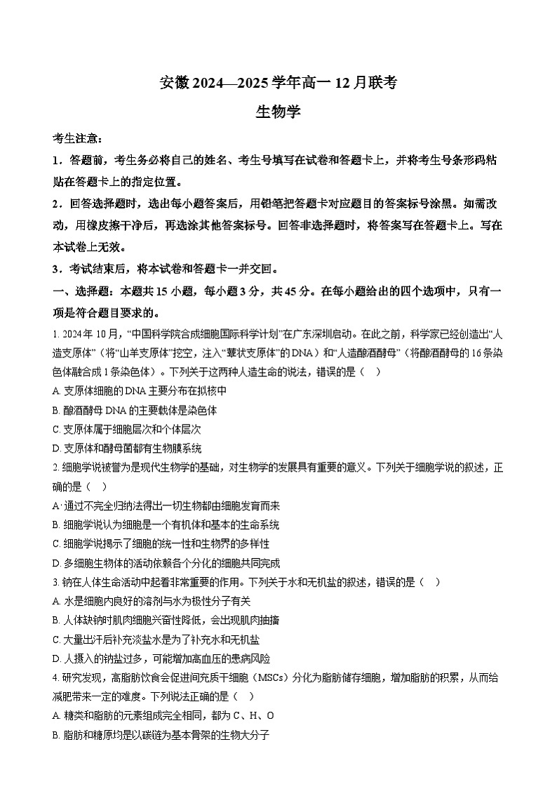 安徽省部分学校2024-2025学年高一上学期12月月考生物试题 Word版无答案第1页