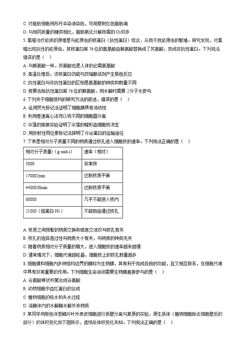 安徽省部分学校2024-2025学年高一上学期12月月考生物试题 Word版无答案第2页