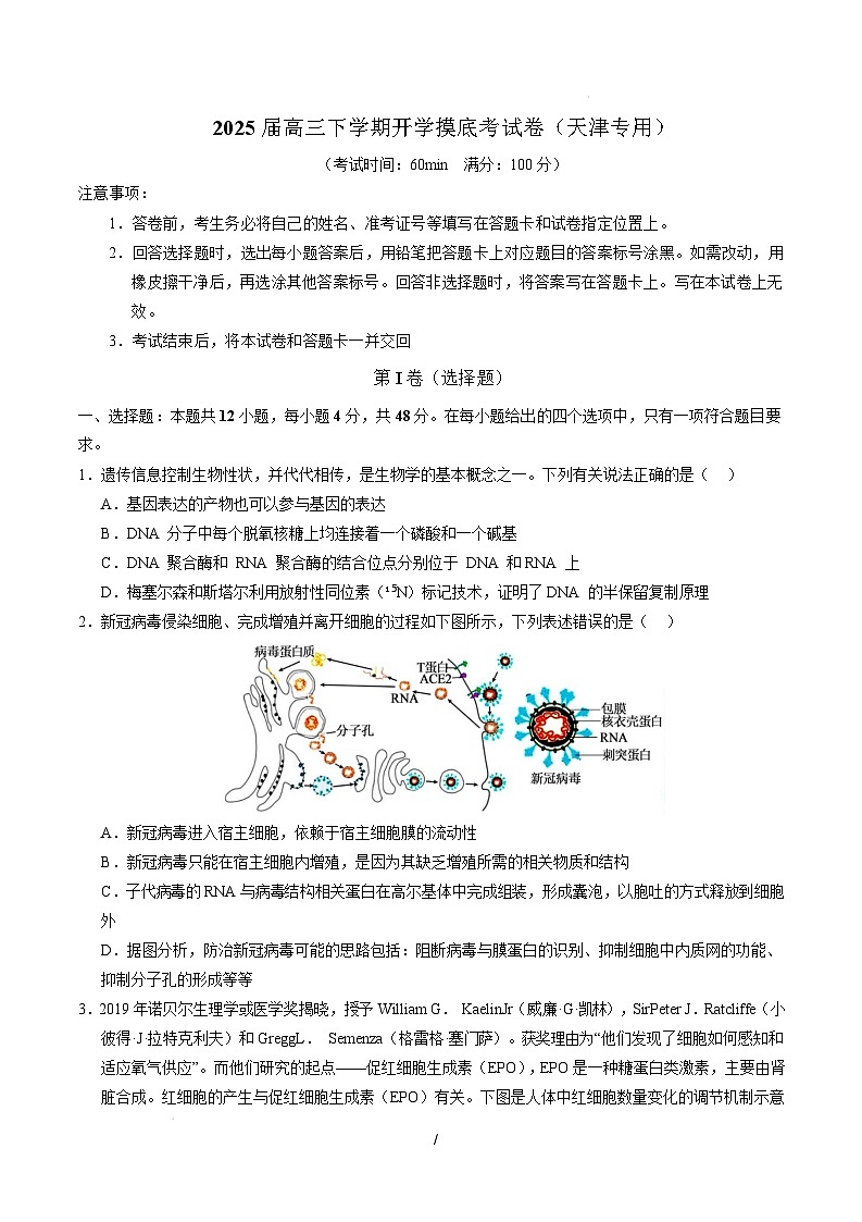 【开学摸底考】高三生物开学摸底考(天津专用)(考试版)第1页
