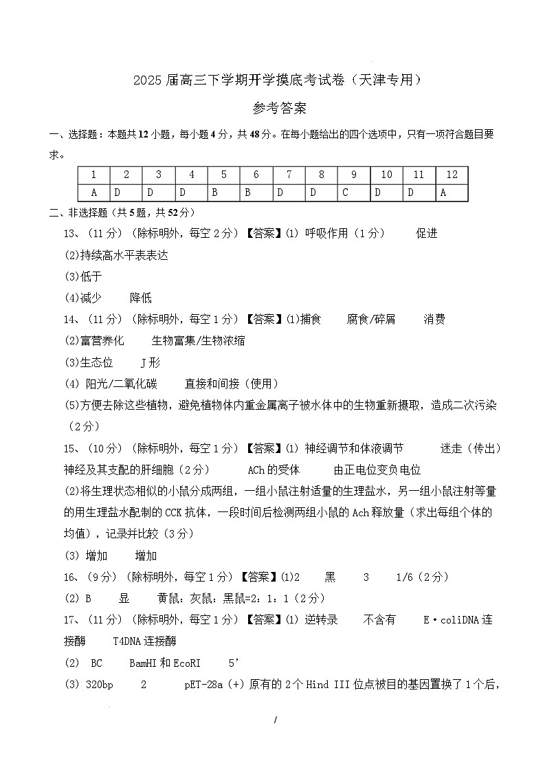 【开学摸底考】高三生物开学摸底考(天津专用)(参考答案)第1页
