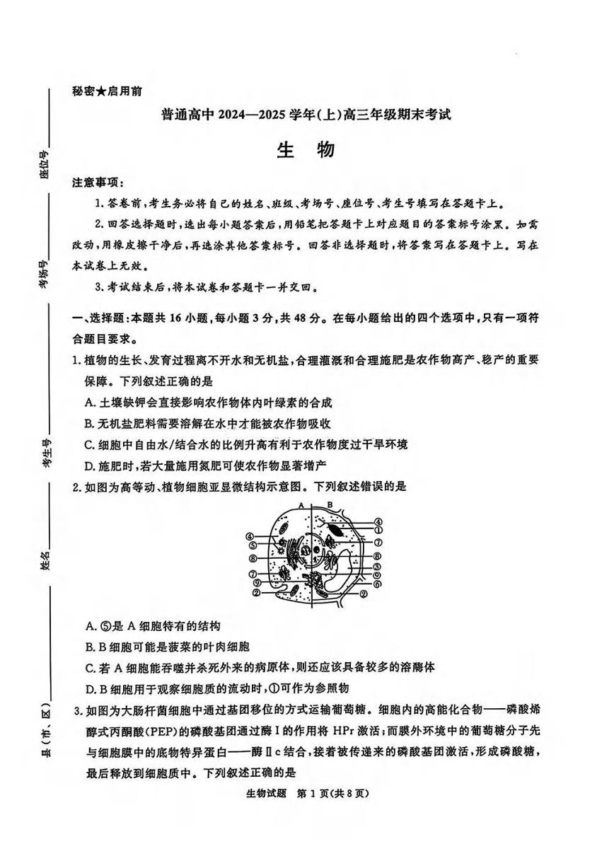 生物丨青桐鸣大联考河南省2025届高三1月期末考试生物试卷及答案