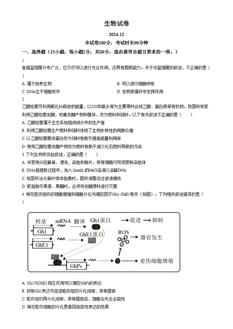 北京市延庆区第一中学2024-2025学年高三上学期12月月考生物试卷  Word版无答案第1页