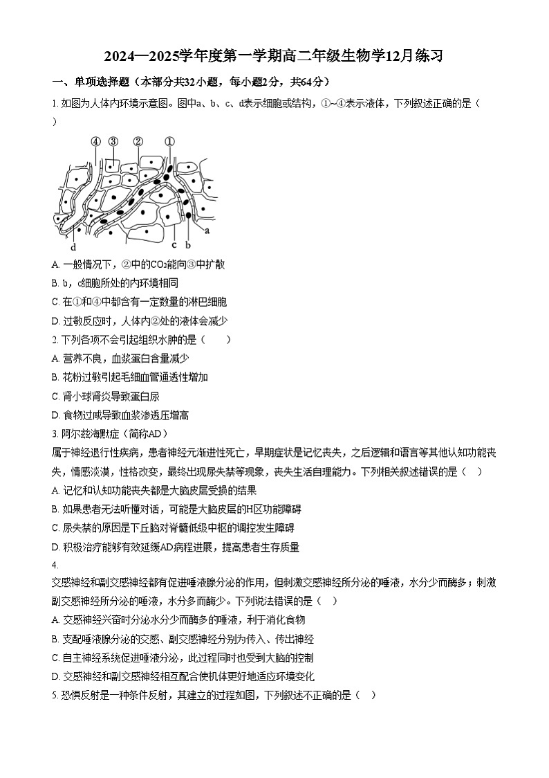 北京市海淀区北京理工大学附属中学2024-2025学年高二上学期12月月考生物试题 Word版无答案第1页