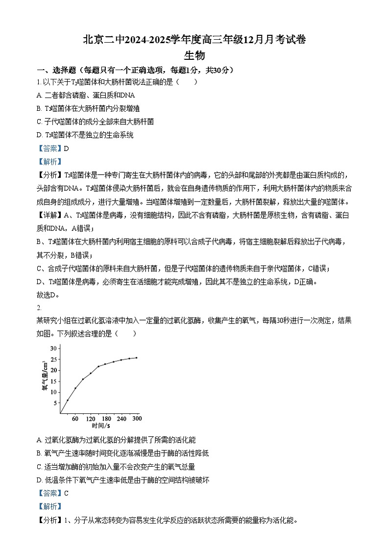 北京市第二中学2024-2025学年高三上学期12月月考生物试卷 Word版含解析第1页