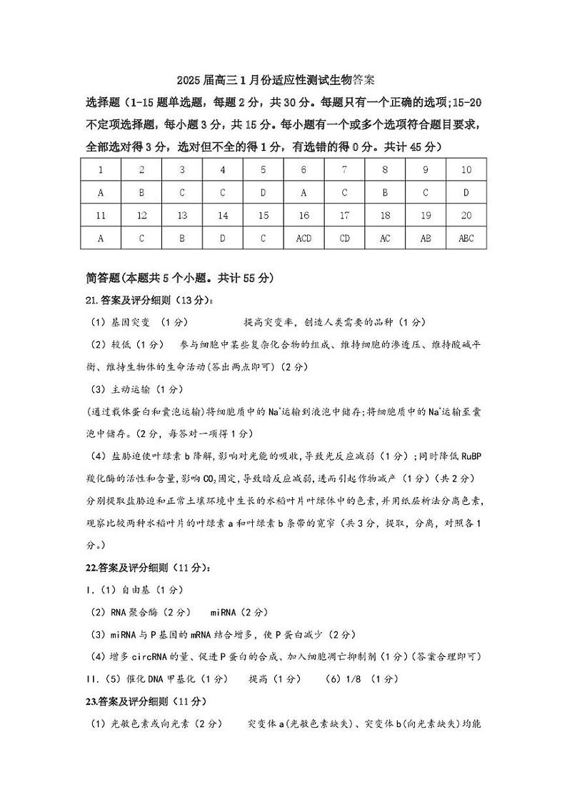 2025届高三1月份生物答案第1页