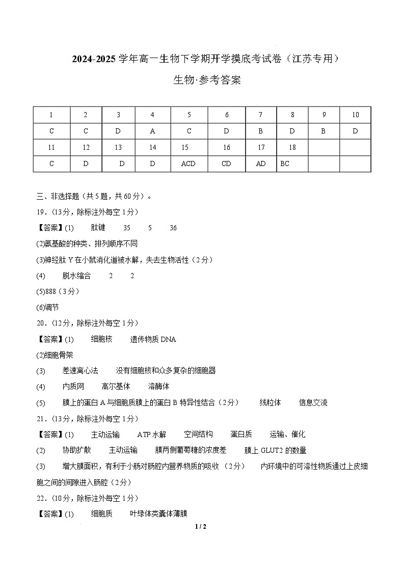 高一生物开学摸底考(江苏专用)-2024-2025学年高中下学期开学摸底考试卷 高一生物开学摸底考(江苏专用)(参考答案,带分值)第1页