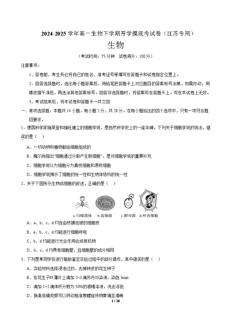高一生物开学摸底考(江苏专用)-2024-2025学年高中下学期开学摸底考试卷 高一生物开学摸底考(江苏专用)(考试版)第1页