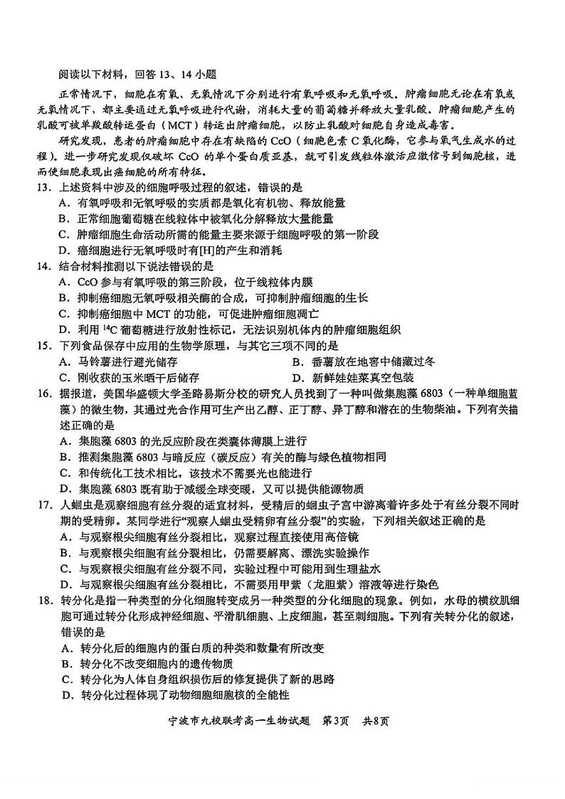 浙江省宁波市九校2024-2025学年高一上学期期末联考生物试卷(PDF版附答案)第3页