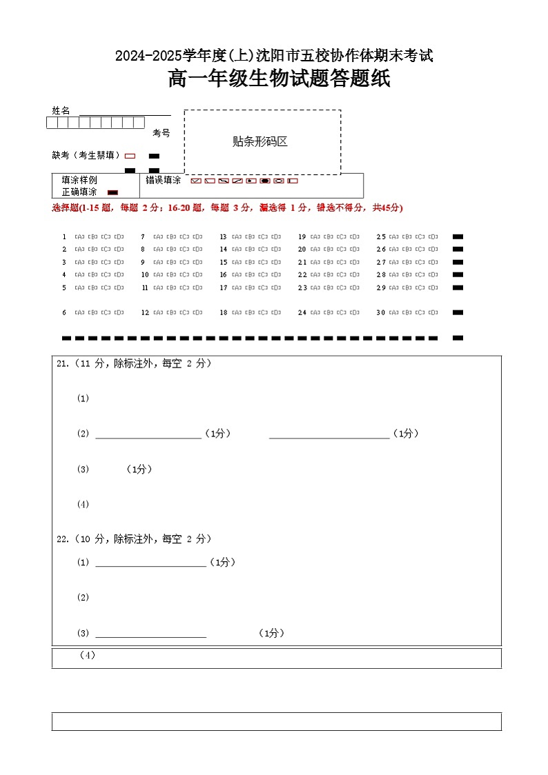 辽宁省沈阳市2024-2025学年度上学期高一期末五校联考生物试题五校联考高一期末生物试卷答题卡第1页