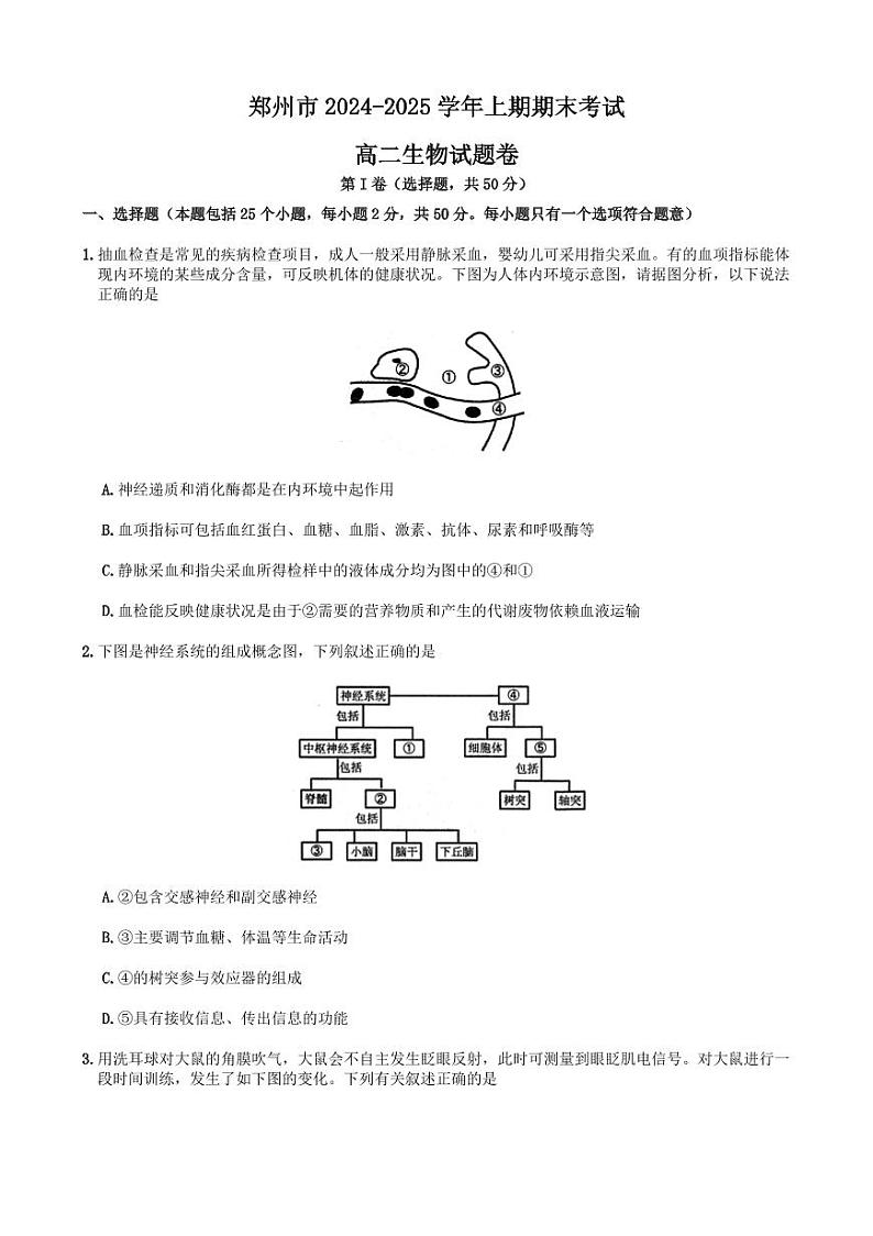 河南省郑州市2024-2025学年高二上学期期末考试 生物 Word版含答案第1页