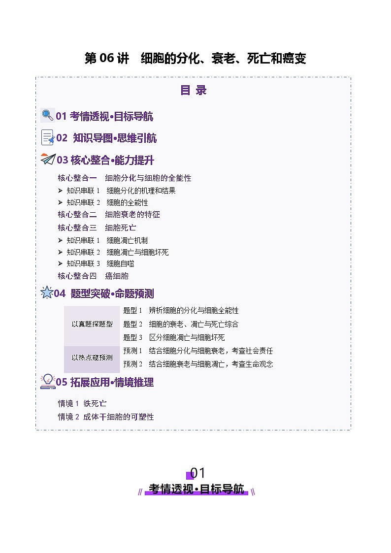第06讲 细胞的分化、衰老、死亡和癌变(讲义)-2025年高考生物二轮复习(新高考通用)  (原卷版)第1页