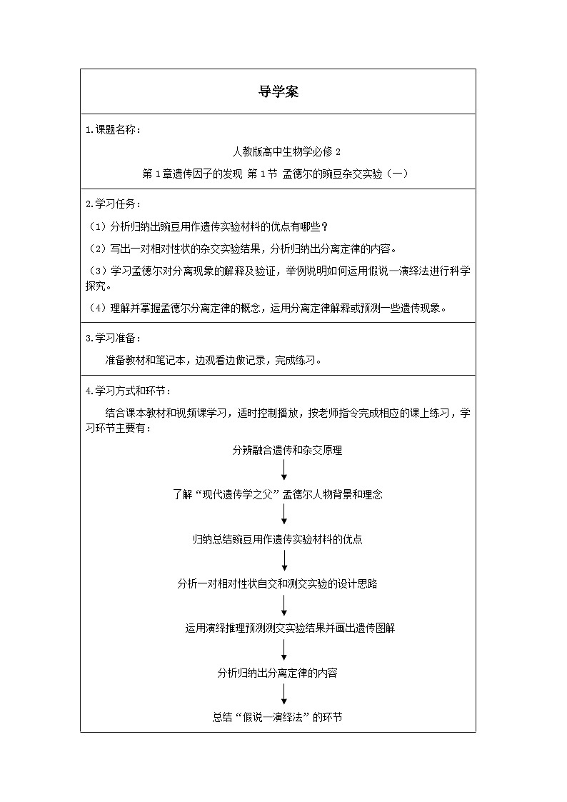 人教版(2019)高中生物必修二第1章遗传因子的发现1.1《孟德尔豌豆杂交实验》(一)导学案第1页