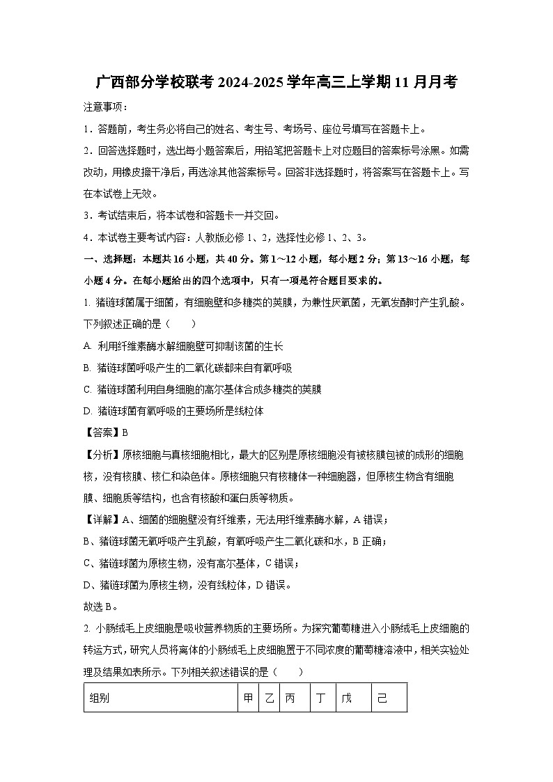 2024-2025学年广西部分学校联考高三上学期11月月考生物试卷(解析版)第1页