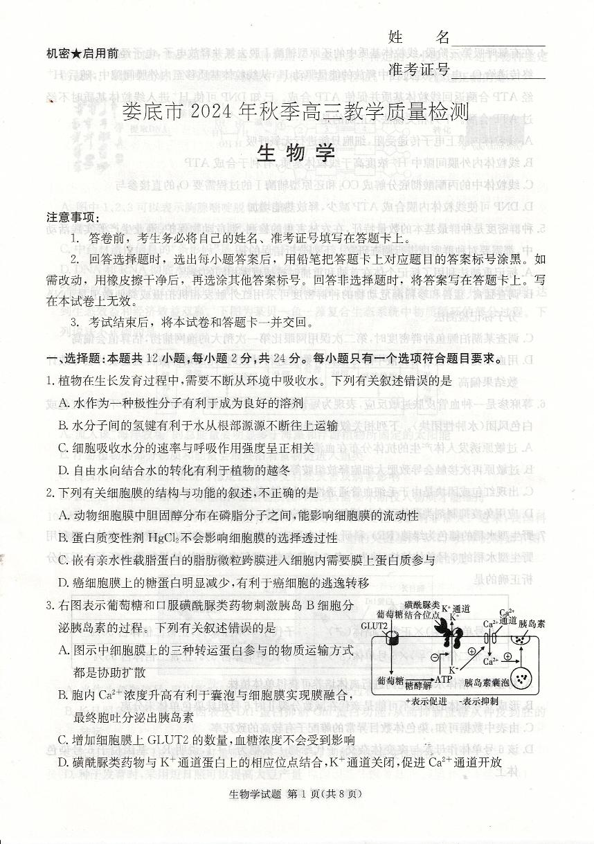 湖南省娄底市2024年秋季高三高考模拟教学质量检测生物+答案