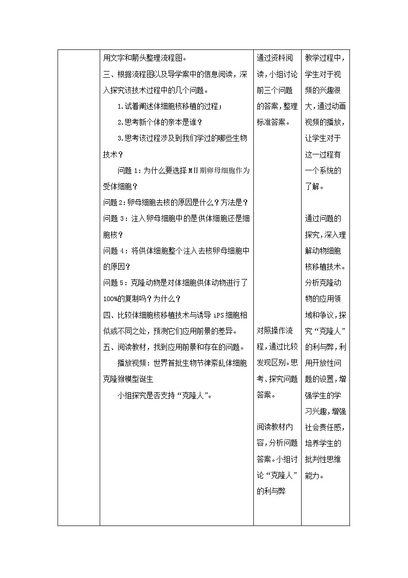 2.2.3动物体细胞核移植技术和克隆动物 教案(表格式)第2页