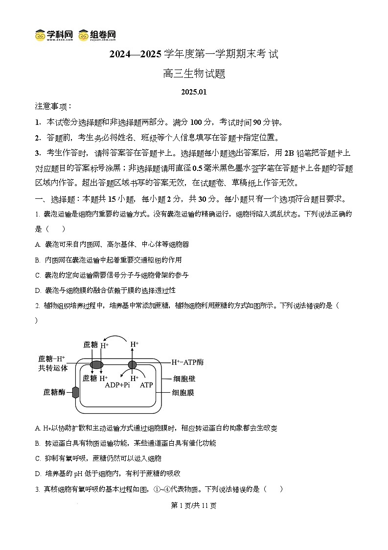 山东省菏泽市2024-2025学年高三上学期生物期末考试生物试题无答案第1页